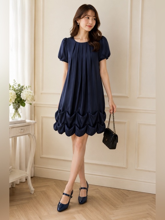 LAISSE PASSE Dresses & Skirts - LAISSE PASSE Navy Bubble Hem Puff Sleeve Dress Size 36 Coquette Japanese Fashion